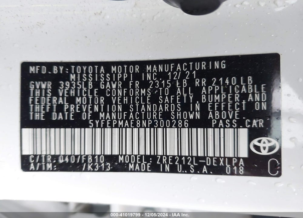 2022 TOYOTA COROLLA LE VIN: 5YFEPMAE8NP300286