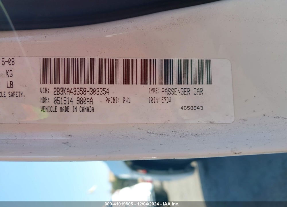 2008 DODGE CHARGER VIN: 2B3KA43G58H303354