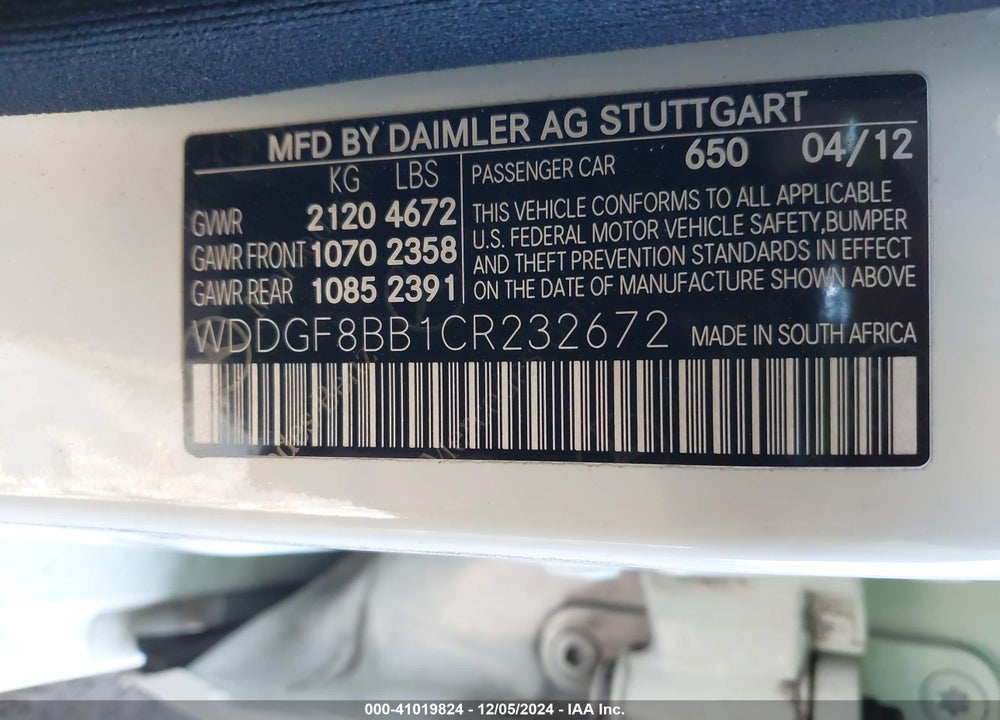 2012 MERCEDES-BENZ C 300 LUXURY 4MATIC/SPORT 4MATIC VIN: WDDGF8BB1CR232672