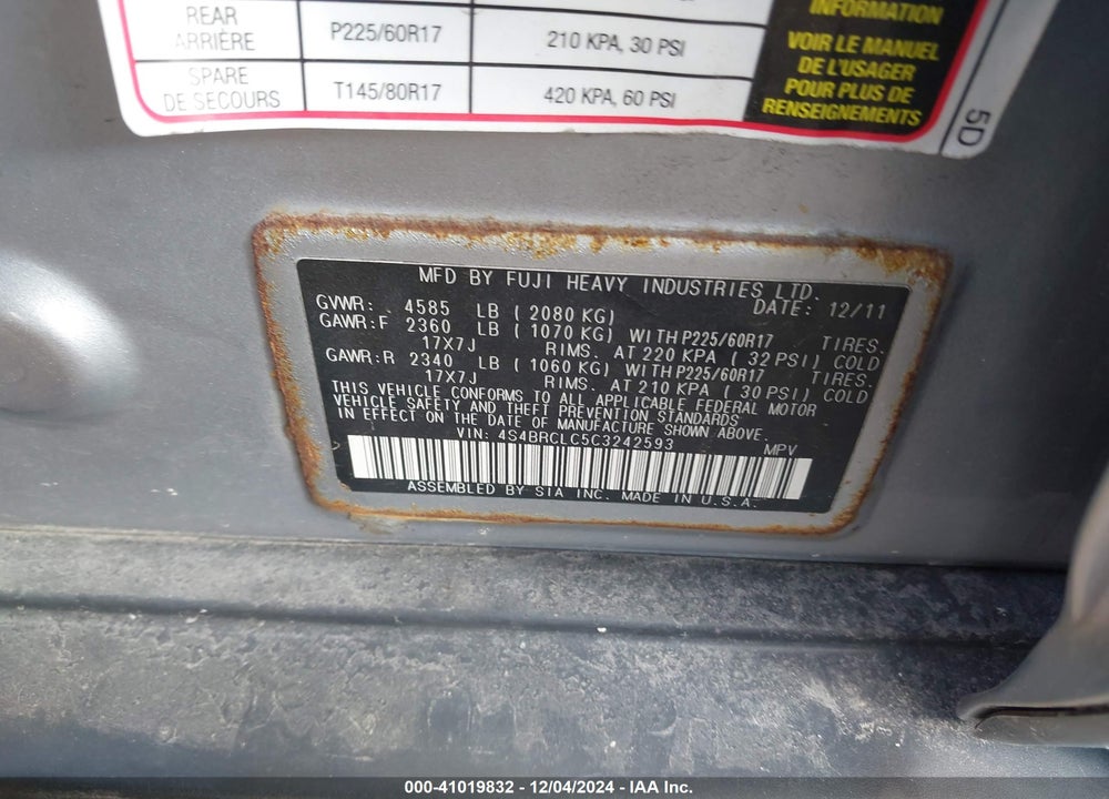 2012 SUBARU OUTBACK 2.5I LIMITED VIN: 4S4BRCLC5C3242593