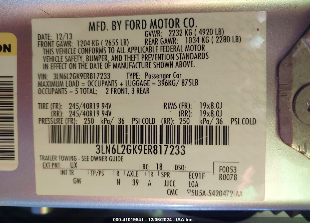 2014 LINCOLN MKZ VIN: 3LN6L2GK9ER817233