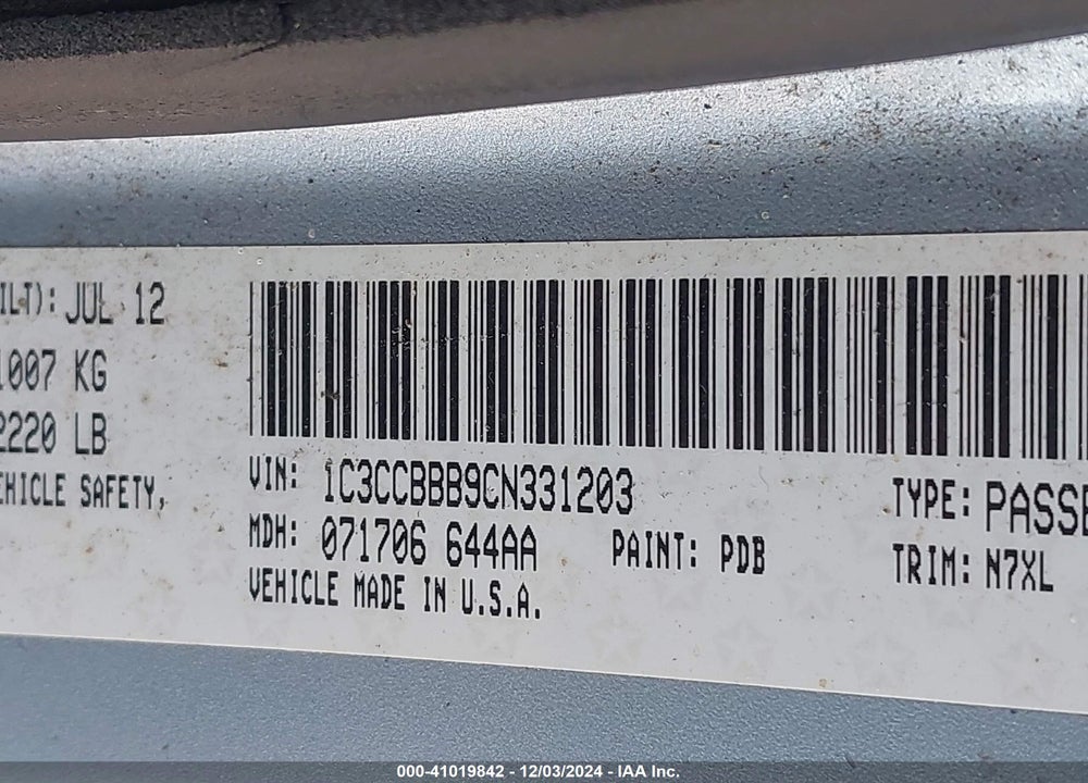 2012 CHRYSLER 200 TOURING VIN: 1C3CCBBB9CN331203