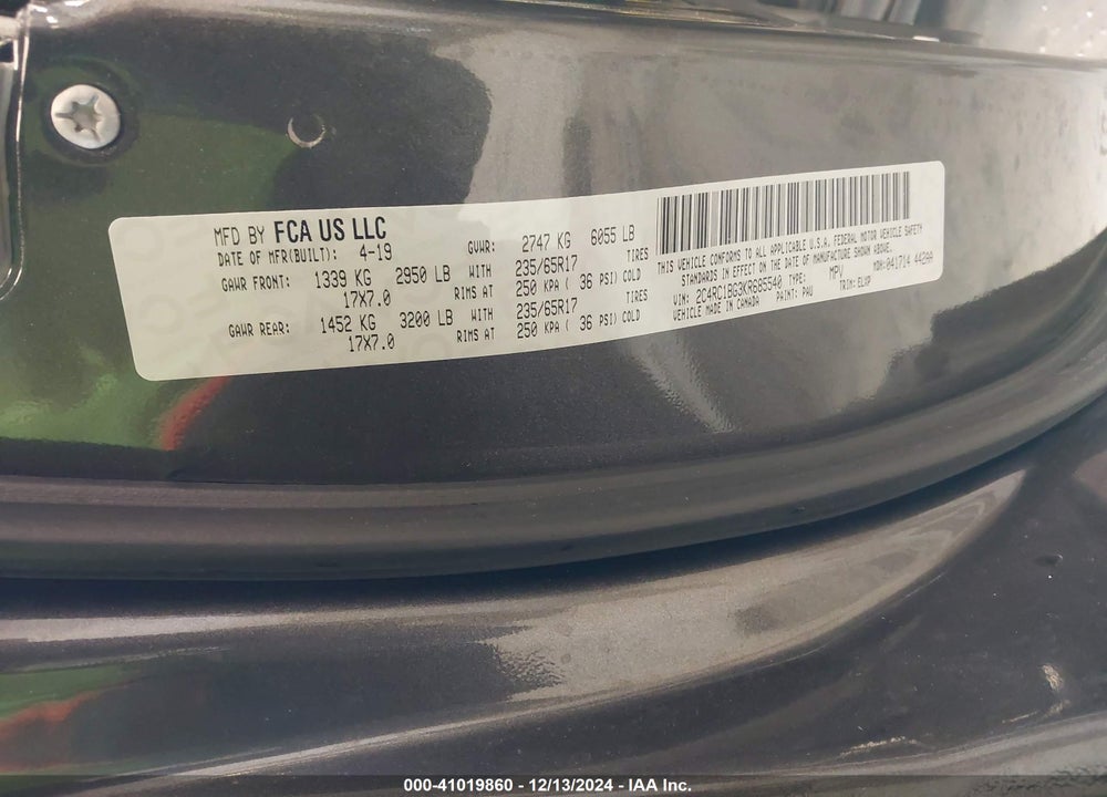 2019 CHRYSLER PACIFICA TOURING L VIN: 2C4RC1BG3KR685540