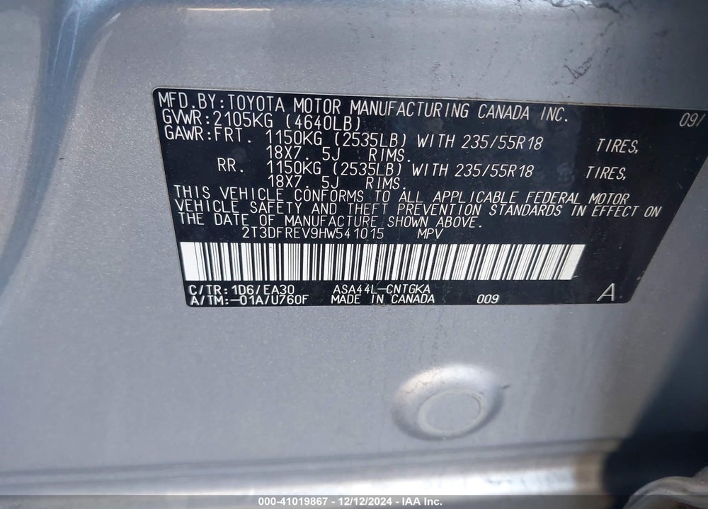 2017 TOYOTA RAV4 PLATINUM VIN: 2T3DFREV9HW541015