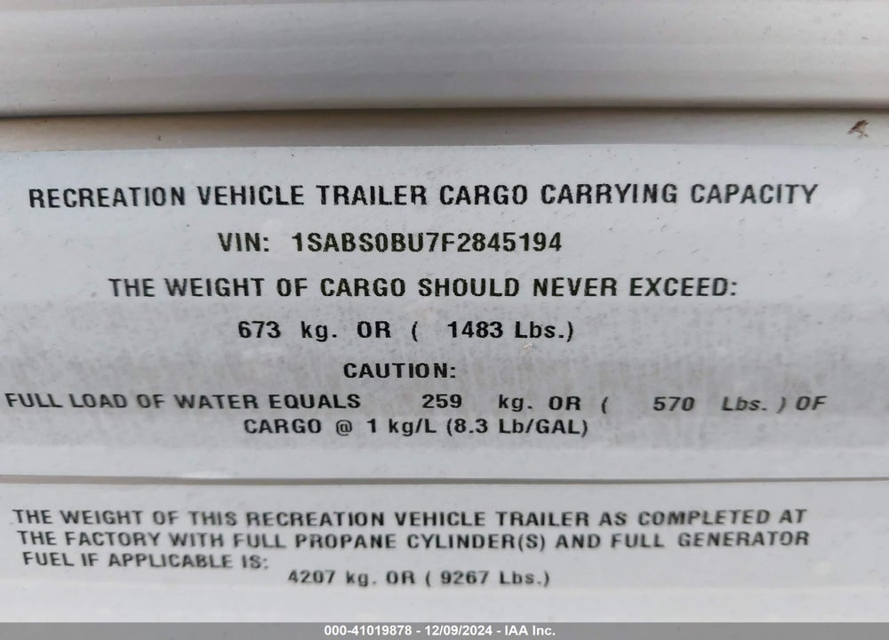 2015 STARCRAFT TRAVEL TRAILER VIN: 1SABS0BU7F2845194
