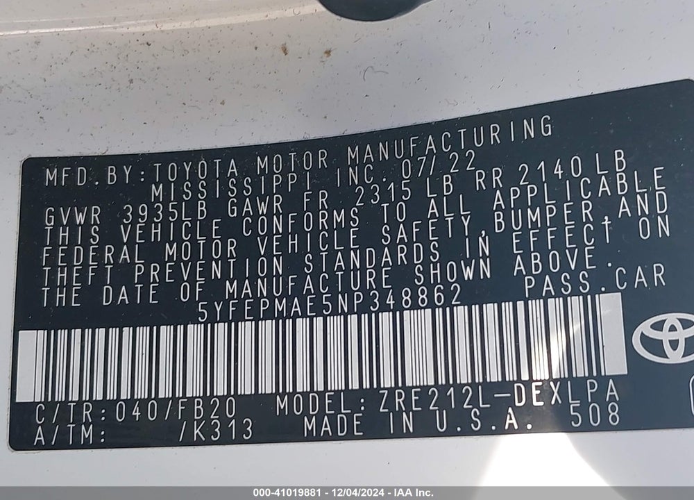 2022 TOYOTA COROLLA LE VIN: 5YFEPMAE5NP348862