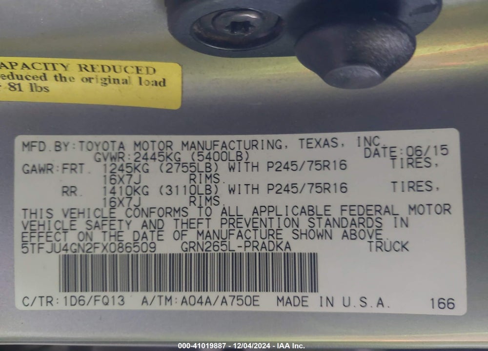 2015 TOYOTA TACOMA PRERUNNER V6 VIN: 5TFJU4GN2FX086509