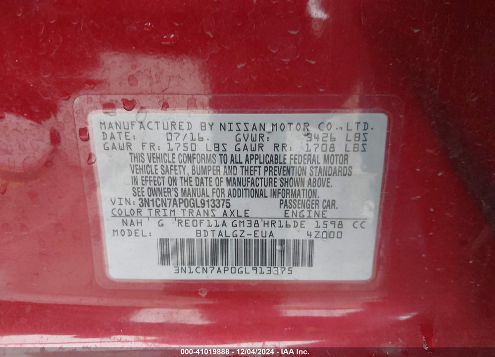 2016 NISSAN VERSA 1.6 SL VIN: 3N1CN7AP0GL913375