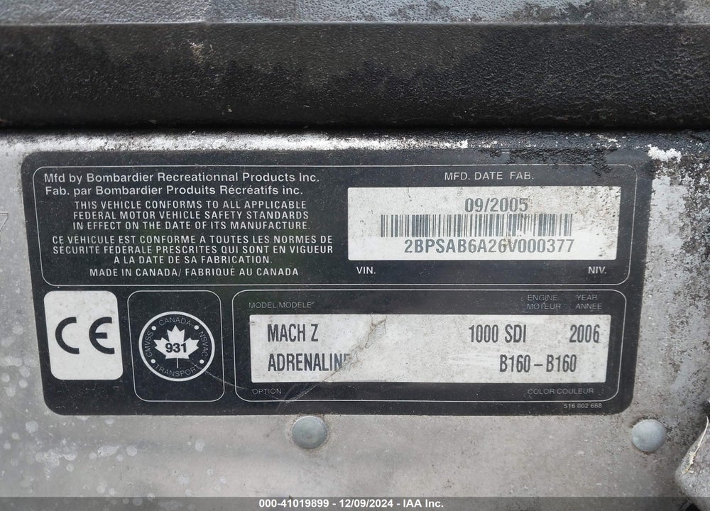 2006 SKI DOO MACH Z VIN: 2BPSAB6A26V000377