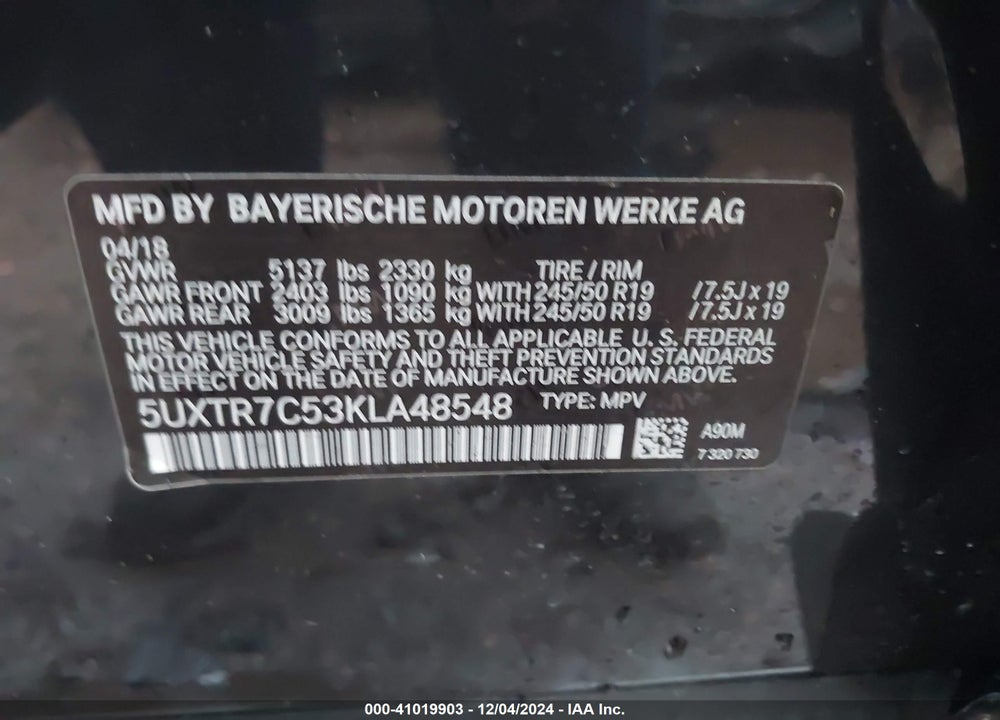 2019 BMW X3 SDRIVE30I VIN: 5UXTR7C53KLA48548