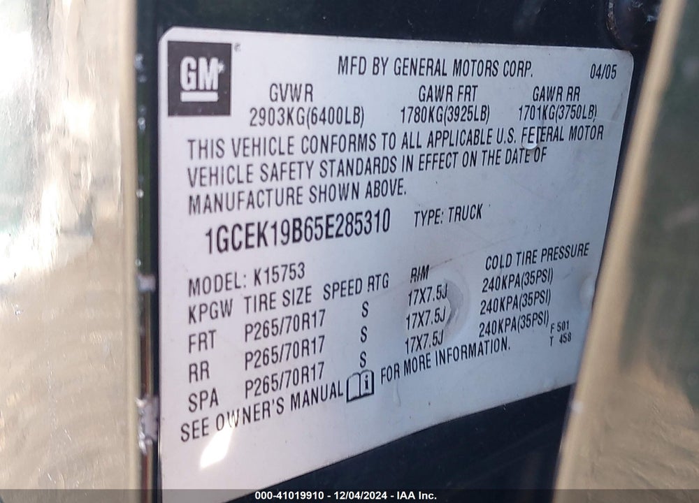 2005 CHEVROLET SILVERADO 1500 Z71 VIN: 1GCEK19B65E285310