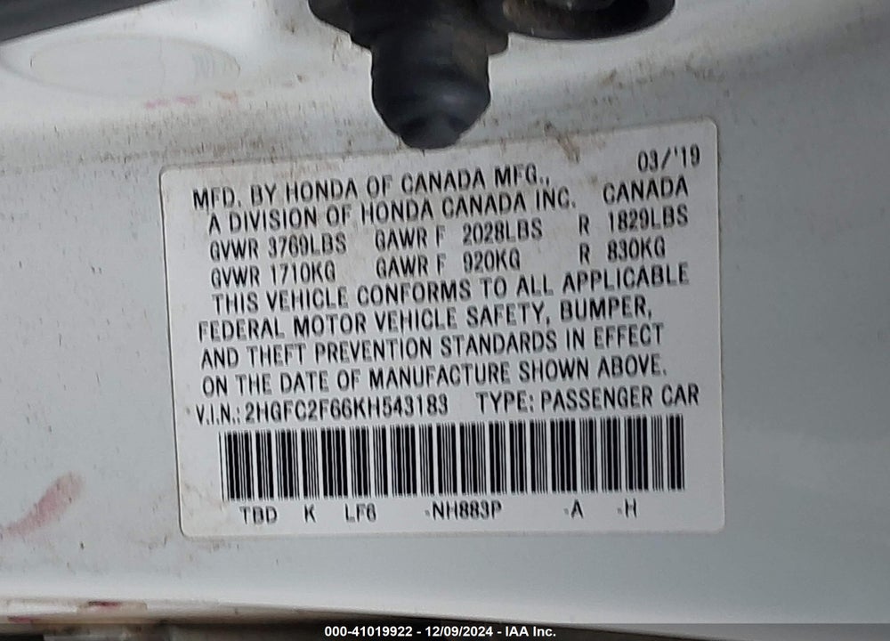 2019 HONDA CIVIC LX VIN: 2HGFC2F66KH543183