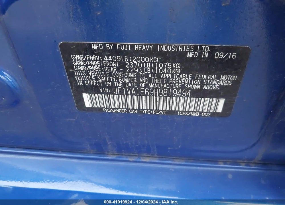 2017 SUBARU WRX PREMIUM VIN: JF1VA1E69H9819494