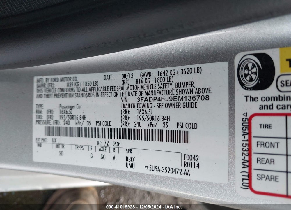 2014 FORD FIESTA SE VIN: 3FADP4EJ9EM136708