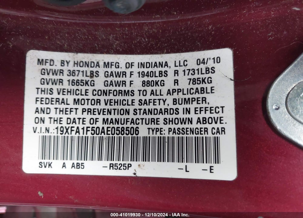 2010 HONDA CIVIC VIN: 19XFA1F50AE058506