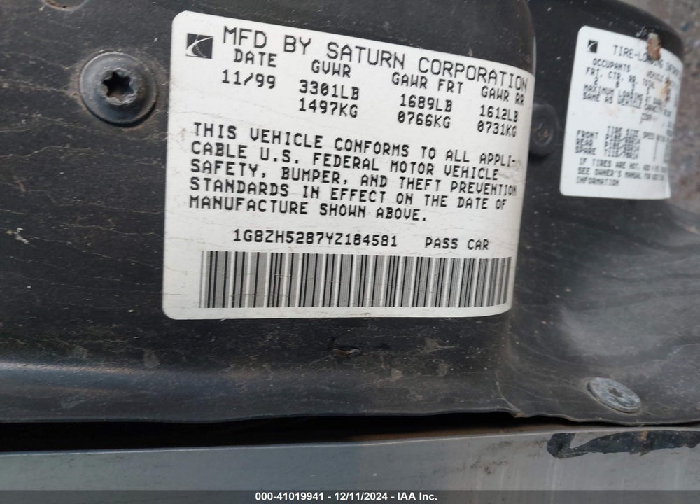 2000 SATURN SL1 VIN: 1G8ZH5287YZ184581