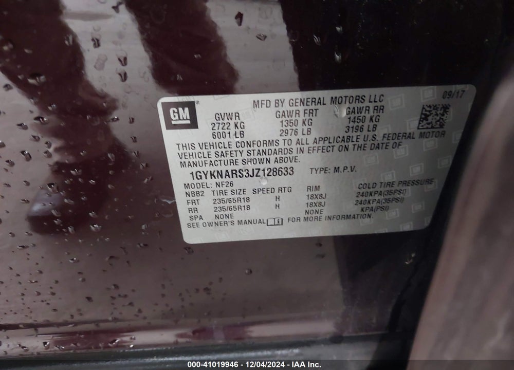 2018 CADILLAC XT5 VIN: 1GYKNARS3JZ128633