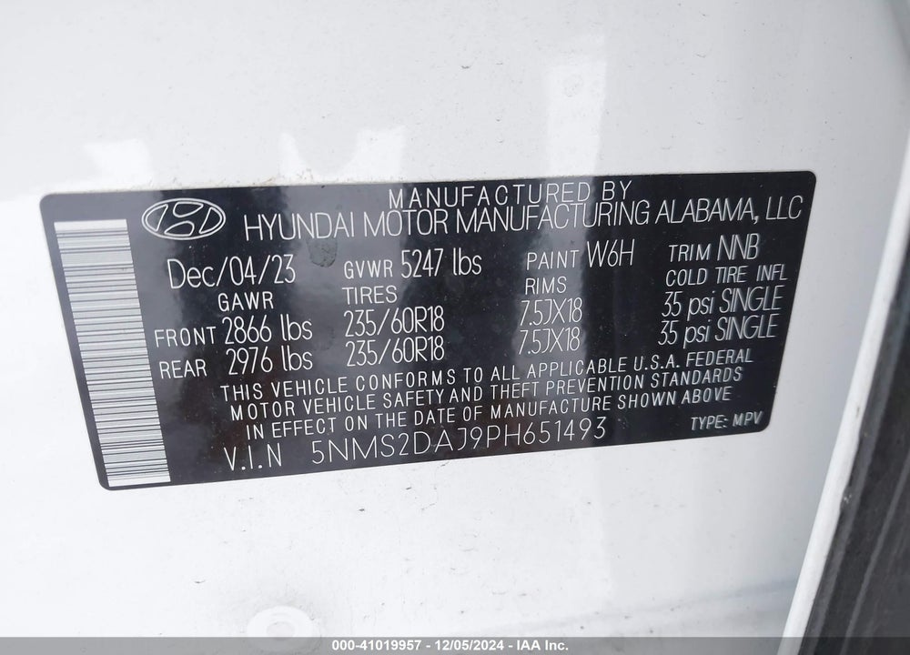 2023 HYUNDAI SANTA FE SEL VIN: 5NMS2DAJ9PH651493