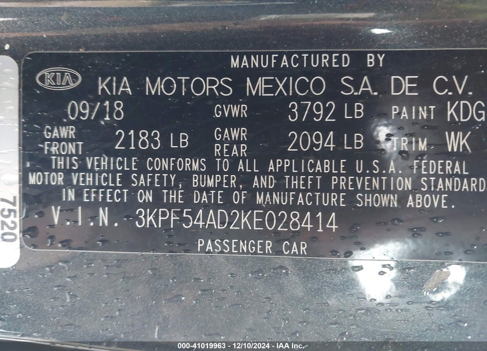 2019 KIA FORTE EX VIN: 3KPF54AD2KE028414