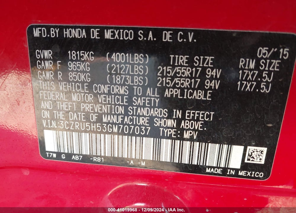 2016 HONDA HR-V EX VIN: 3CZRU5H53GM707037
