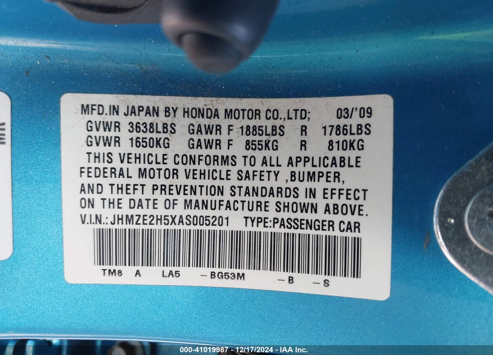 2010 HONDA INSIGHT LX VIN: JHMZE2H5XAS005201