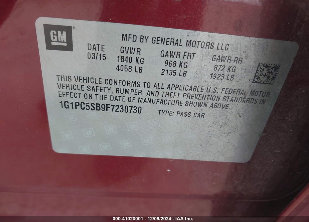 2015 CHEVROLET CRUZE 1LT AUTO VIN: 1G1PC5SB9F7230730