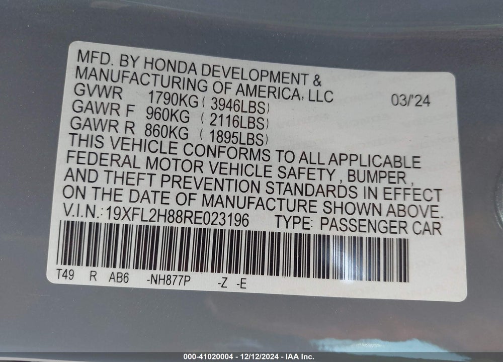 2024 HONDA CIVIC SPORT VIN: 19XFL2H88RE023196
