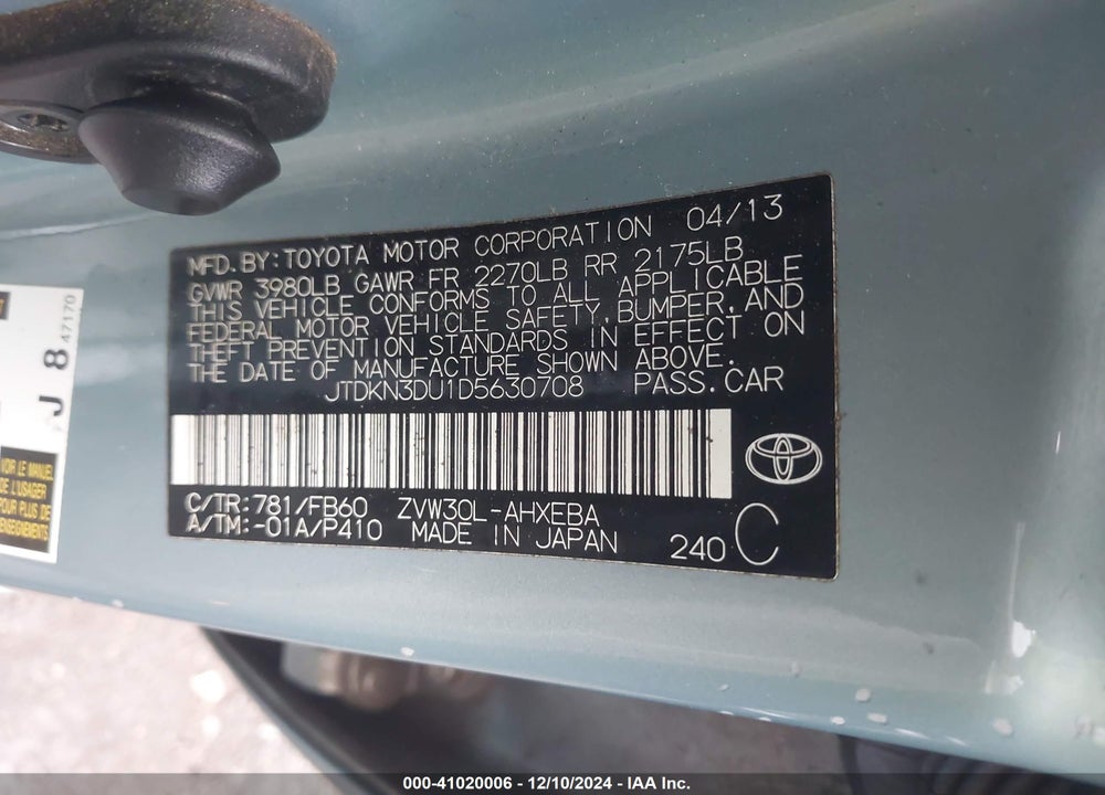 2013 TOYOTA PRIUS TWO VIN: JTDKN3DU1D5630708