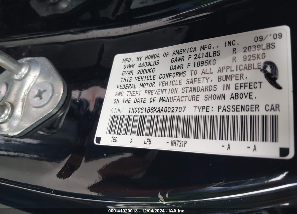 2010 HONDA ACCORD 2.4 EX-L VIN: 1HGCS1B8XAA002707