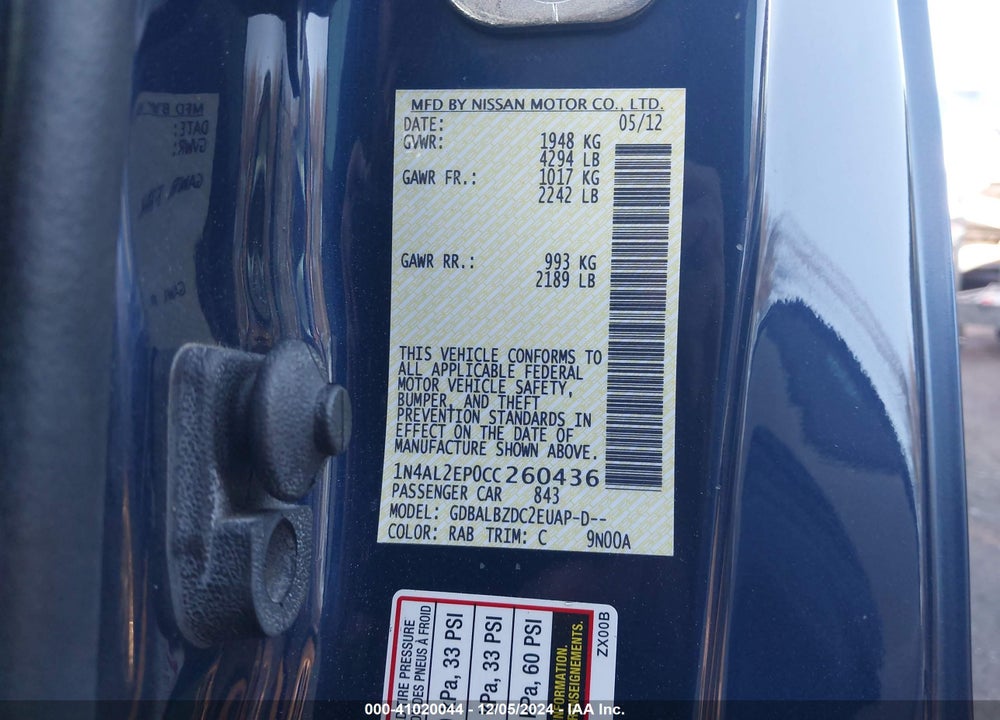 2012 NISSAN ALTIMA 2.5 S VIN: 1N4AL2EP0CC260436
