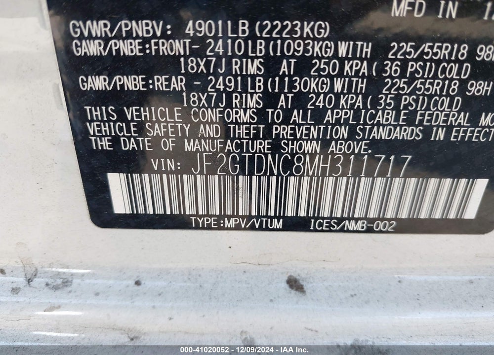 2021 SUBARU CROSSTREK HYBRID VIN: JF2GTDNC8MH311717