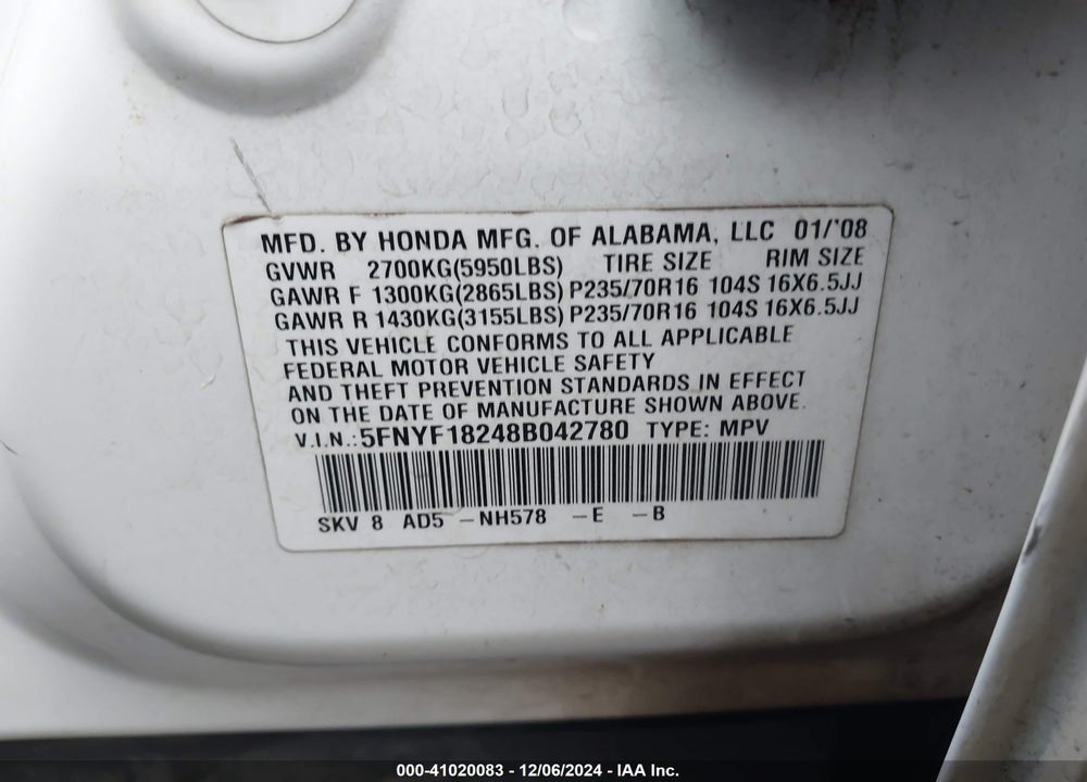 2008 HONDA PILOT VP VIN: 5FNYF18248B042780