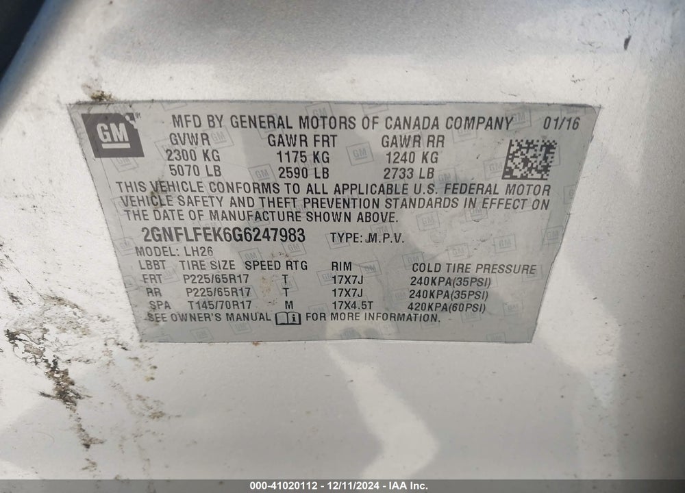 2016 CHEVROLET EQUINOX LT VIN: 2GNFLFEK6G6247983
