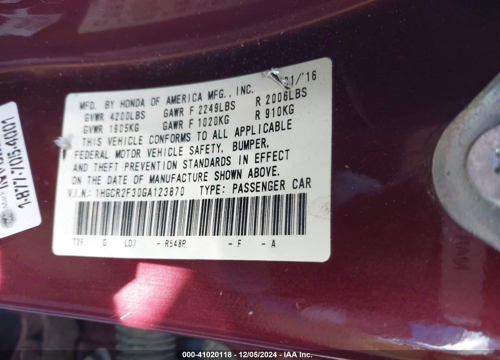 2016 HONDA ACCORD LX VIN: 1HGCR2F30GA123870