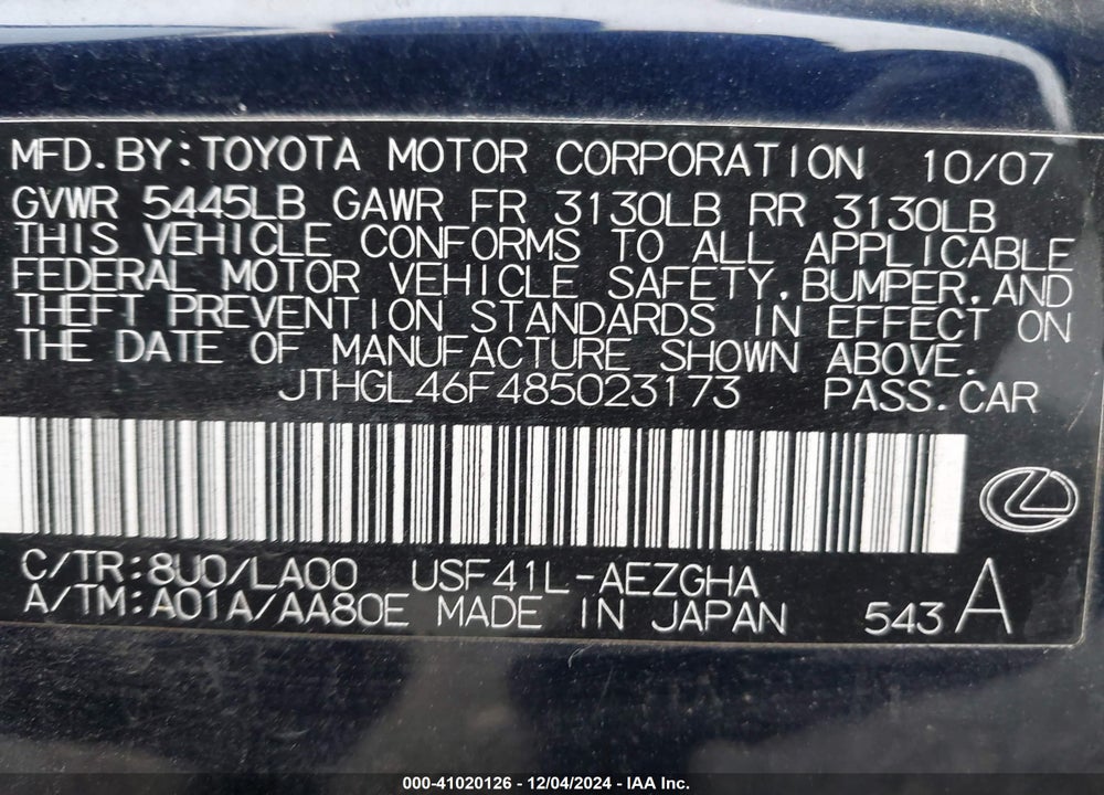 2008 LEXUS LS 460 L VIN: JTHGL46F485023173