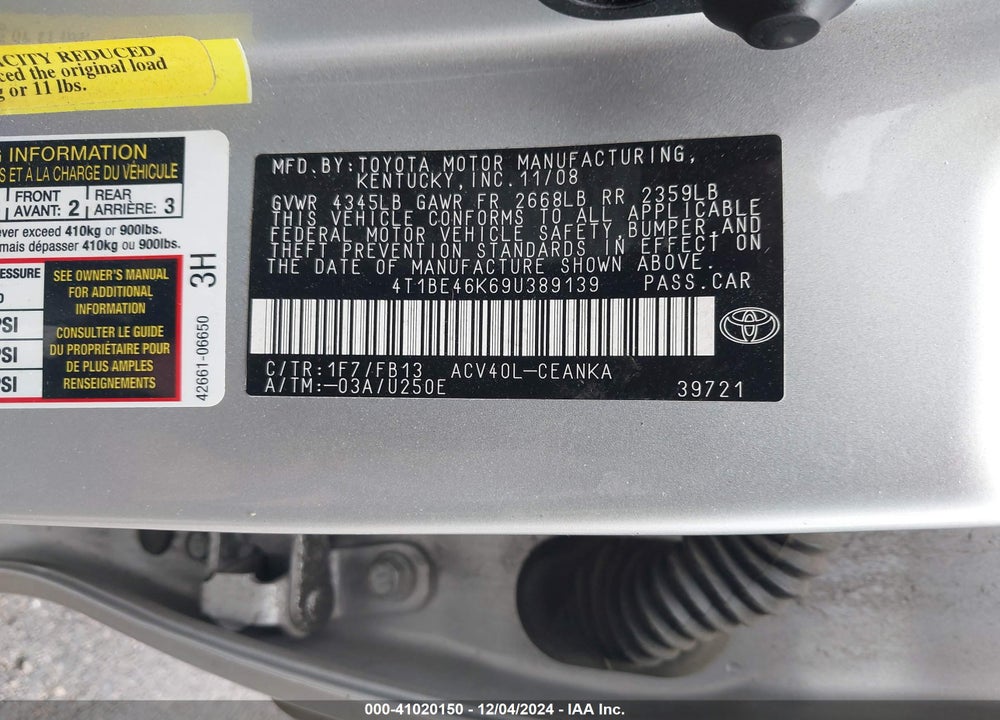 2009 TOYOTA CAMRY VIN: 4T1BE46K69U389139