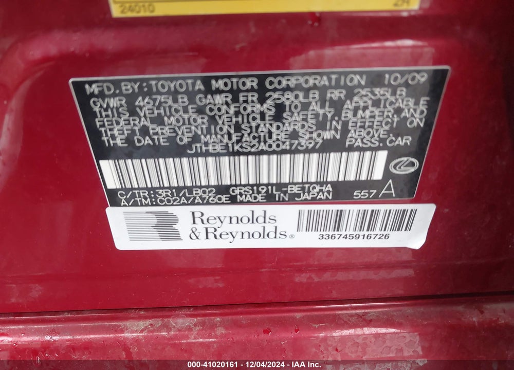 2010 LEXUS GS 350 VIN: JTHBE1KS2A0047397