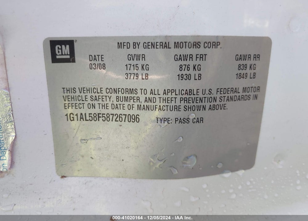 2008 CHEVROLET COBALT LT VIN: 1G1AL58F587267096