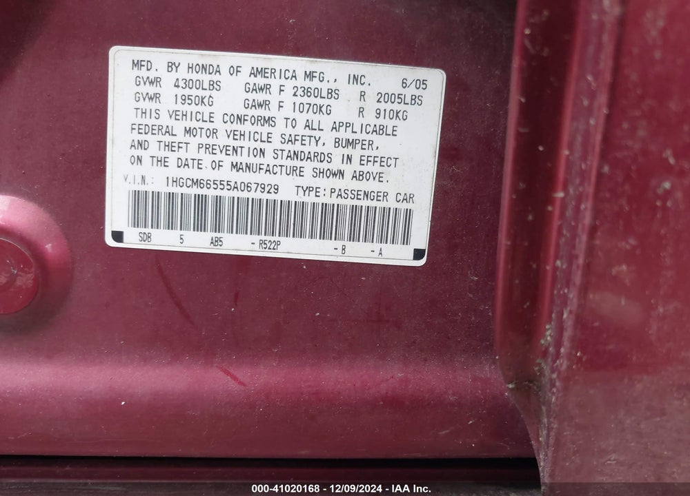 2005 HONDA ACCORD 3.0 EX VIN: 1HGCM66555A067929