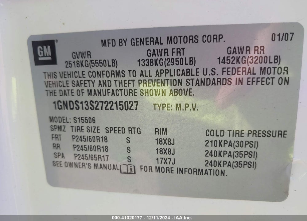 2007 CHEVROLET TRAILBLAZER LT VIN: 1GNDS13S272215027
