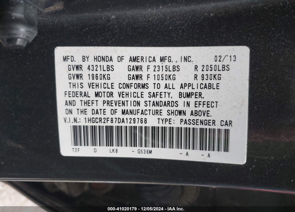 2013 HONDA ACCORD EX-L VIN: 1HGCR2F87DA129768