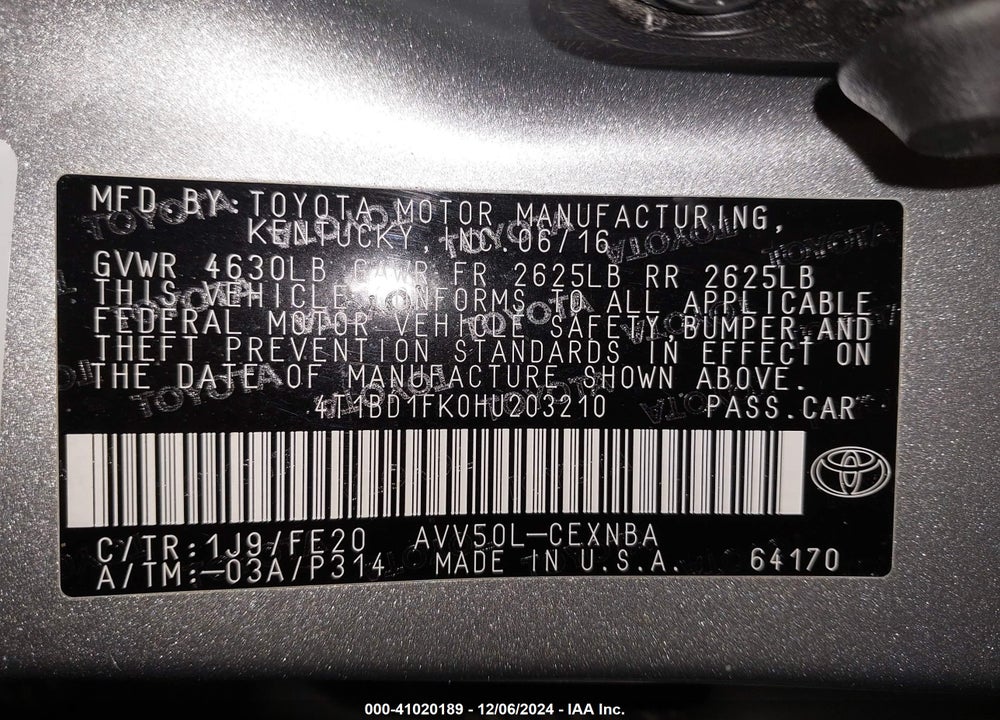 2017 TOYOTA CAMRY HYBRID LE VIN: 4T1BD1FK0HU203210