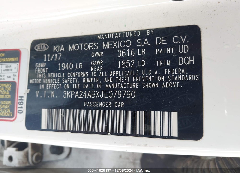 2018 KIA RIO VIN: 3KPA24ABXJE079790
