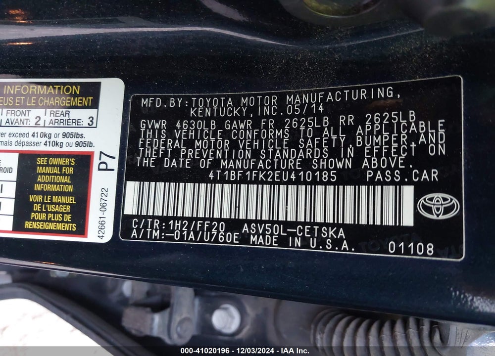 2014 TOYOTA CAMRY VIN: 4T1BF1FK2EU410185