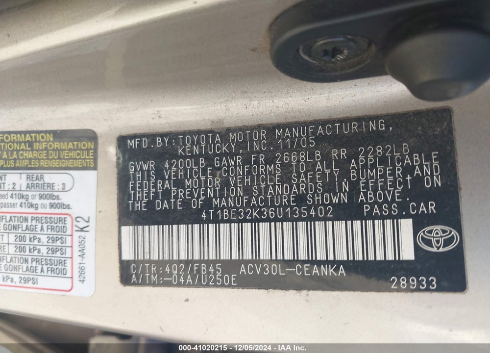 2006 TOYOTA CAMRY LE VIN: 4T1BE32K36U135402