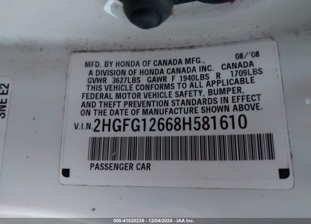 2008 HONDA CIVIC LX VIN: 2HGFG12668H581610