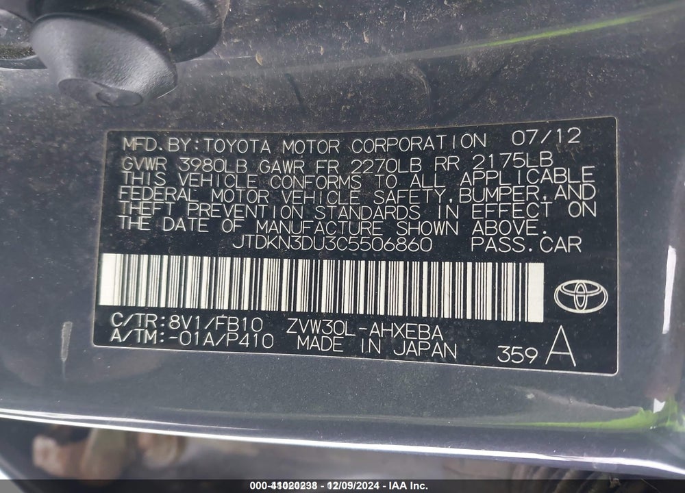 2012 TOYOTA PRIUS TWO VIN: JTDKN3DU3C5506860