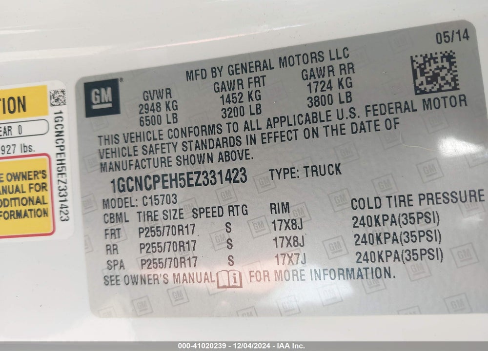 2014 CHEVROLET SILVERADO 1500 WORK TRUCK 2WT VIN: 1GCNCPEH5EZ331423