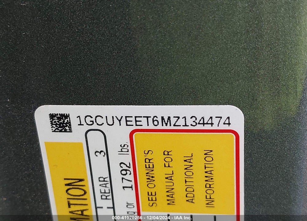 2021 CHEVROLET SILVERADO 1500 VIN: 1GCUYEET6MZ134474