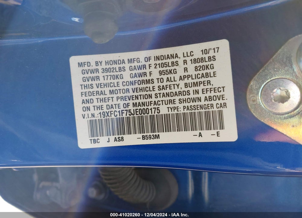 2018 HONDA CIVIC EX-L VIN: 19XFC1F75JE000175
